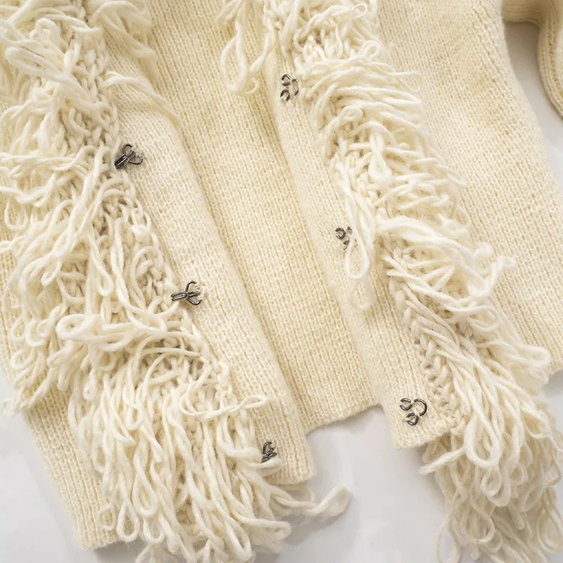 Gtpdpllt Streetwear Fringed Knitted Sweater Coat Deep V Neck Long Sleeve Tops Winter Cropped Cardigan Y2K Clothing 250225