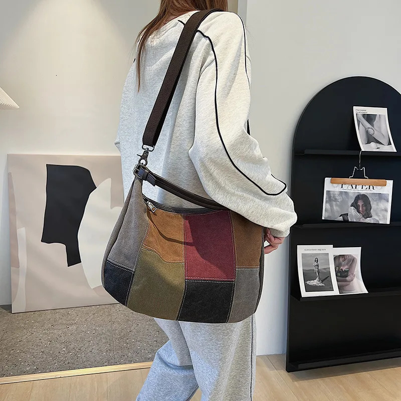 Ship from US Retro Patchwork Canvas Hobo Bag | Fashion Shoulder Tote Vintage Style Handbag With Adjustable Strap Chic Casual Daily Purse 250227FBB
