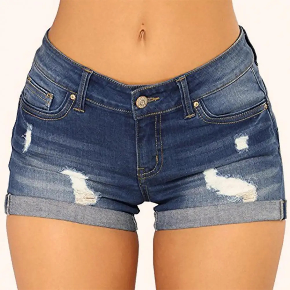 Denim Shorts Women Jeans Ripped Mid Waist Solid Color Soft Short Jeans Casual Slim Fit Shorts Summer 250227