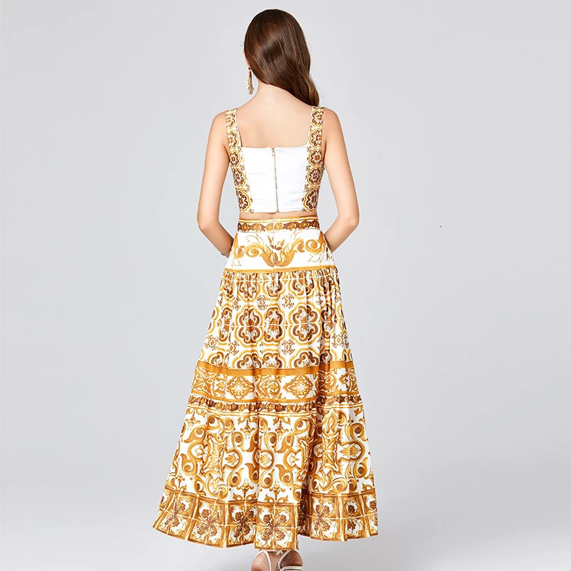 JAMERARY Summer Holiday Floral Two Piece Women Skirt Sets Sexy Corset Crop Tops And Long Maxi Skirts Suits 2pcs Print Outfits 250224