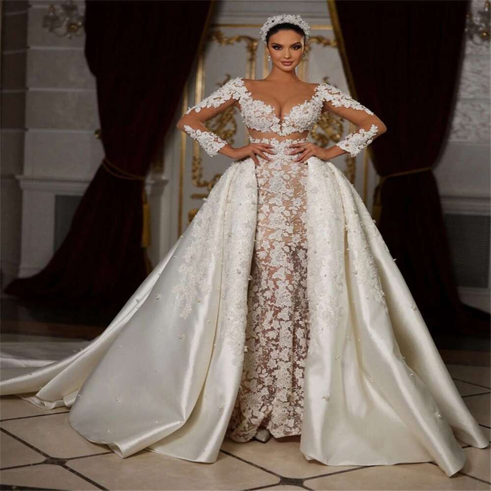 of the Mermaid Wedding Dress with V Neckline Bareback Long Sleeves Appliques Beads Backless Satin Chapel Custom Dresses from novia