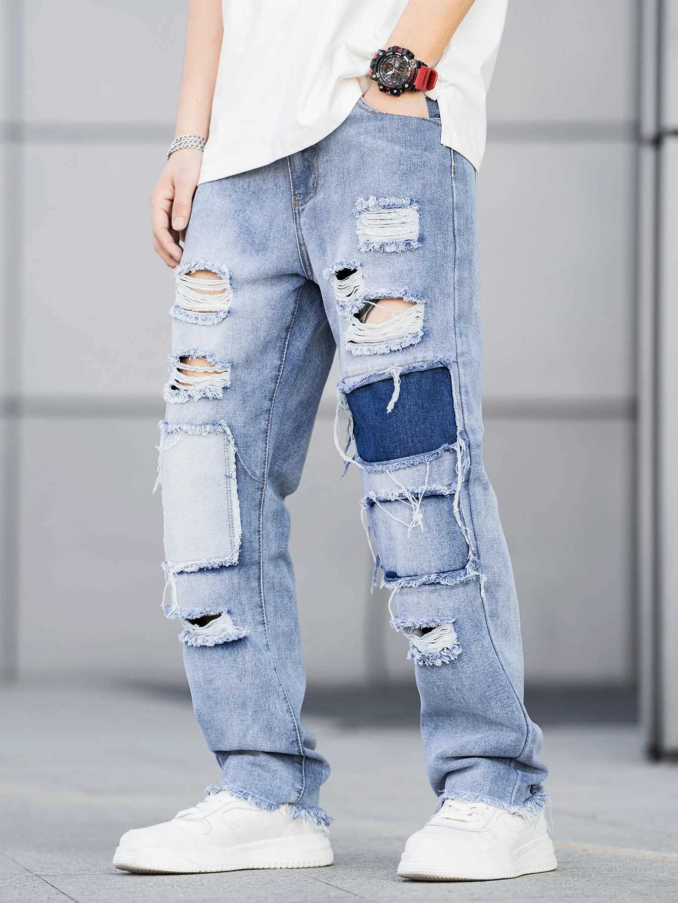 Mens patched up torn jeans mens loose-fitting trendy jeans blue slacks stretch jeans mens 2024 fashion new trend jeans X250227