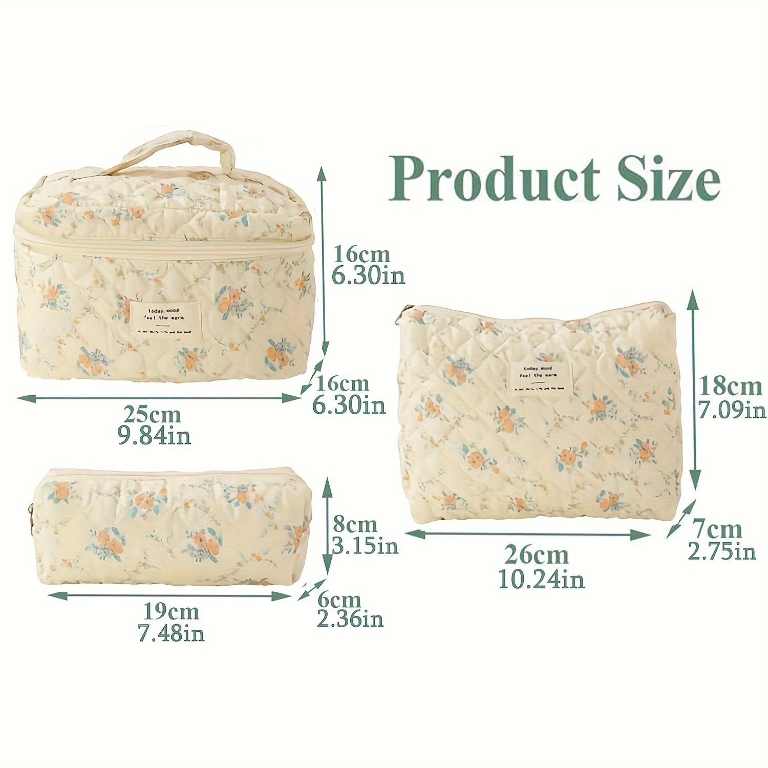 Ship from US 3Pcsset Cotton Quilted Makeup Bag Travel Cosmetic With Zipper Coquette Pouch Large Cute Aesthetic Floral Toiletry 250227FBB