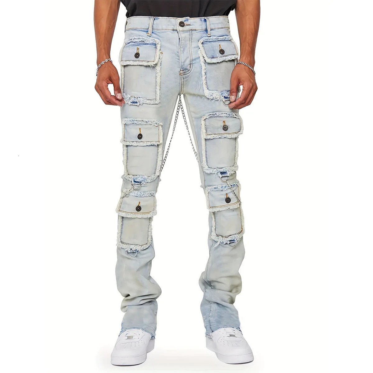 Multi-pocket Cargo Jeans Y2k Mens Jeans Stretch Straight-leg Pants Vintage Trousers Overalls Casual High Street Hip Hop Jeans 250226