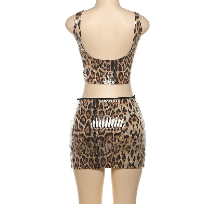 Leopard Print Sequins Two Piece Set Women Sexy U-neck Sleeveless Backless Irregular Tank Crop Tops Mini Skirts Party Clubwear 250227