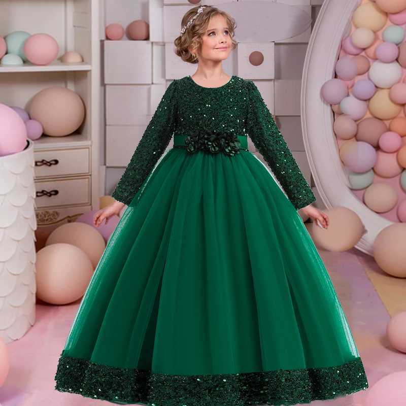 Girl's Dresses Teenagers formal evening dress girls clothing long sleeved sequins Christmas wedding party dress girls princess dress Y250227P7TY