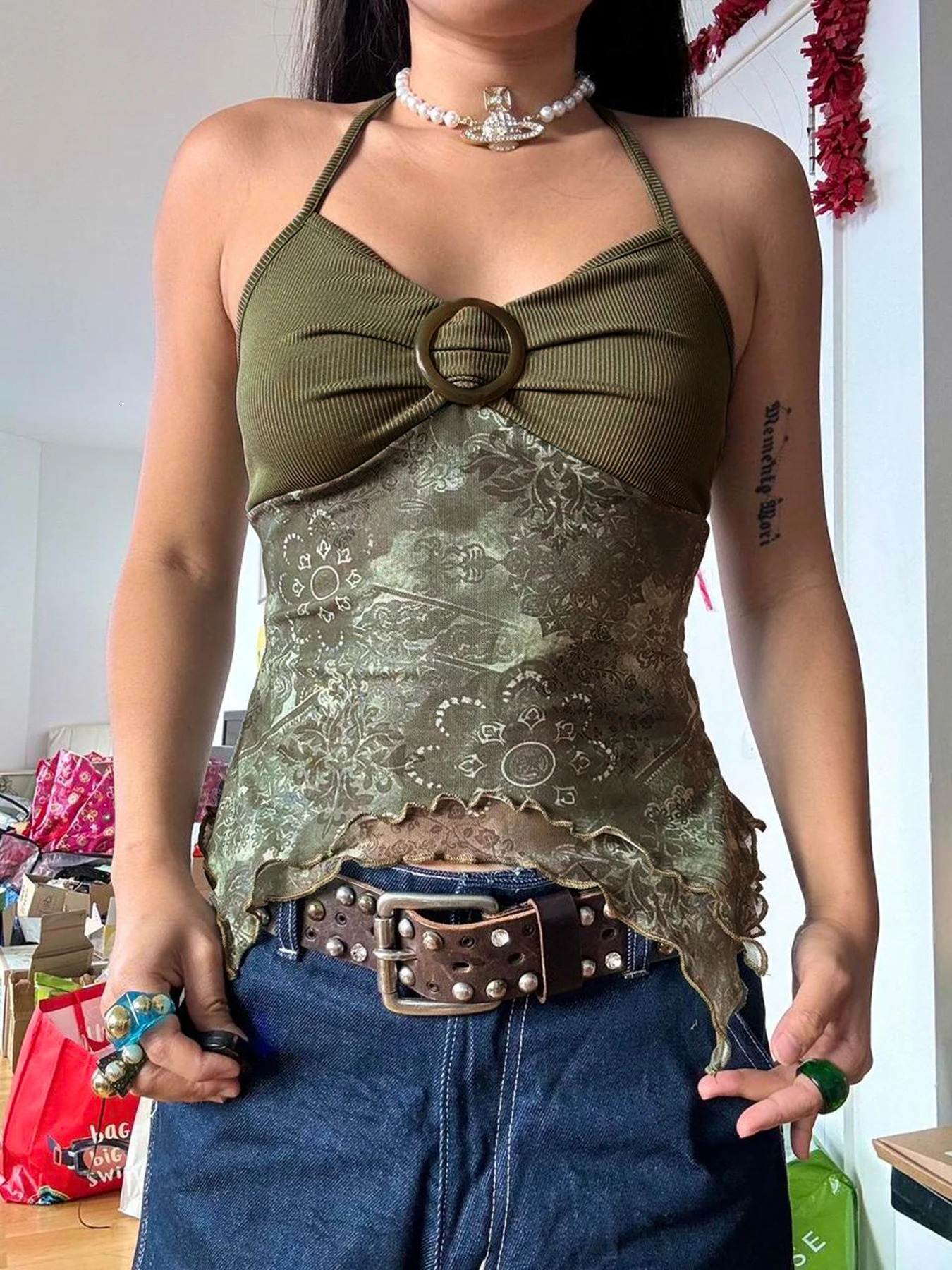 Sweetown Retro Forest Green Vintage Print Boho Y2K Camisole Backless Halter Tie Asymmetric Tops Women Summer Vacation Clothing 250227
