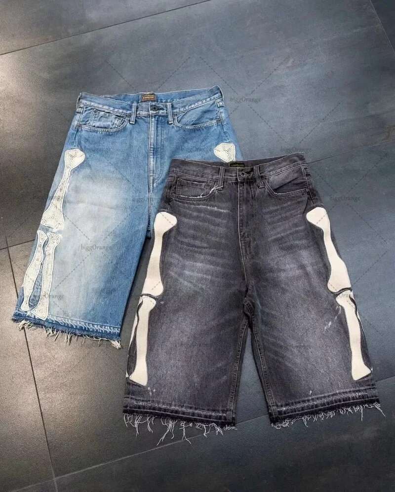 Y2k Street Hip Hop Rock Fashion Men Skull Embroidered Oversized Denim Shorts High Waist Loose Casual Pants Women