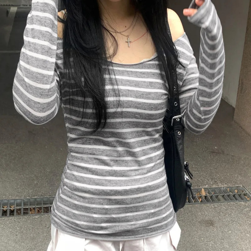 Spring Fall Womens Japanese Basic Models Slim LongSleeved Striped tShirt Strapless Korean Street Style y2k Thin Tops 250226