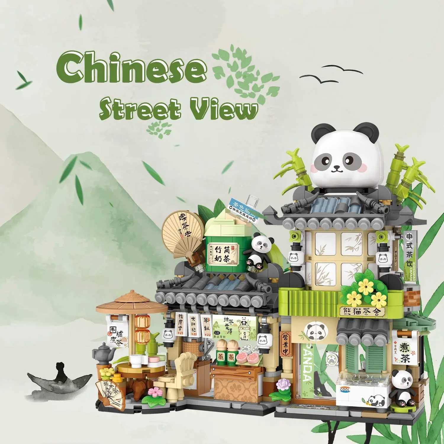 Mini Building Block MOC Creative Cute Panda Tea House Little Bear Coffee House Building Block Set Girl Street View Toy Y250227