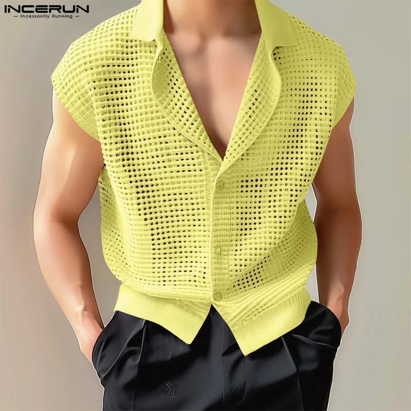 Mens Shirt Hollow Out Transparent Mesh Solid Lapel Sleeveless Summer Men Clothing Streetwear Casual Vests Shirts INCERUN 250224