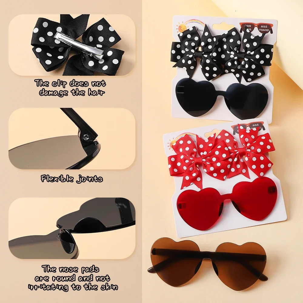 3Pcs/set Kids Cute Solid Dot Hairpin Colorful Heart Sun Glasses Set Girls Boutique Bowknot Hair Clips Children Hair Accessories 250227
