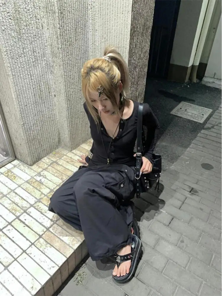 General Black T Shirt Women Clothes Long Sleeve Korean Fashion Slim Autumn Spring Tops 2000s Y2k Tees Female Clothing 250226