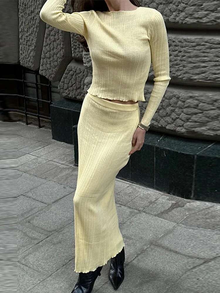 Elegant Knitted Women's 2 Pieces Sets With Skirt Casual Slim O-Neck Long Sleeve Top High Waist Skirts Fashion Spring Ladies Suit