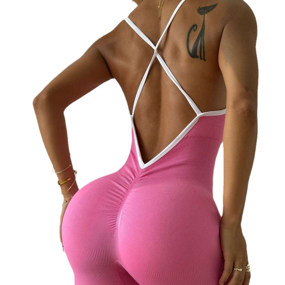 Explosive color blocking suspender sports yoga sleeveless quick drying thread tight fiess jumpsuit 2025 temperament versatile new trendy clothing ins