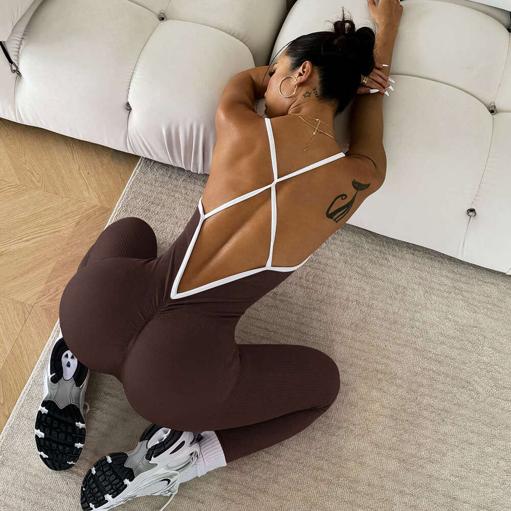 Explosive color blocking suspender sports yoga sleeveless quick drying thread tight fiess jumpsuit 2025 temperament versatile new trendy clothing ins