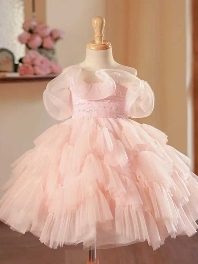 Girl's Dresses New Childrens Princess Evening Gown Mesh Pearls Sleeveless Design Kids Wedding Birthday Baptism Party Dresses For Girls A3648 Y250