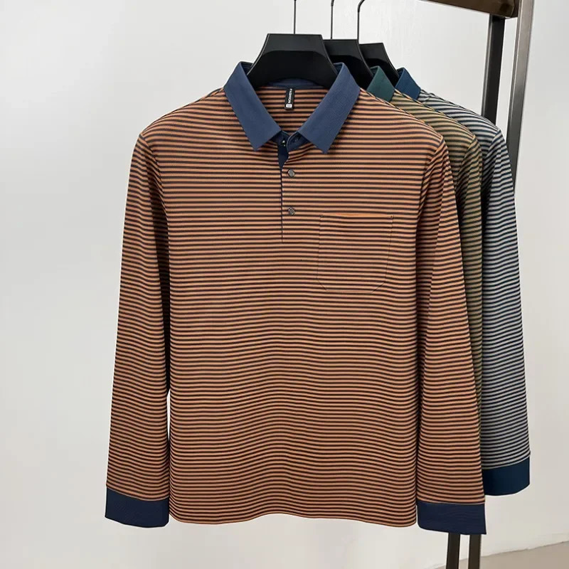 High-end Quality Mens Seamless Polo Shirt Lapel Stripe Ice Silk Long-sleeve T-shirt Fashion Street Exquisite Autumn Menswear 250225