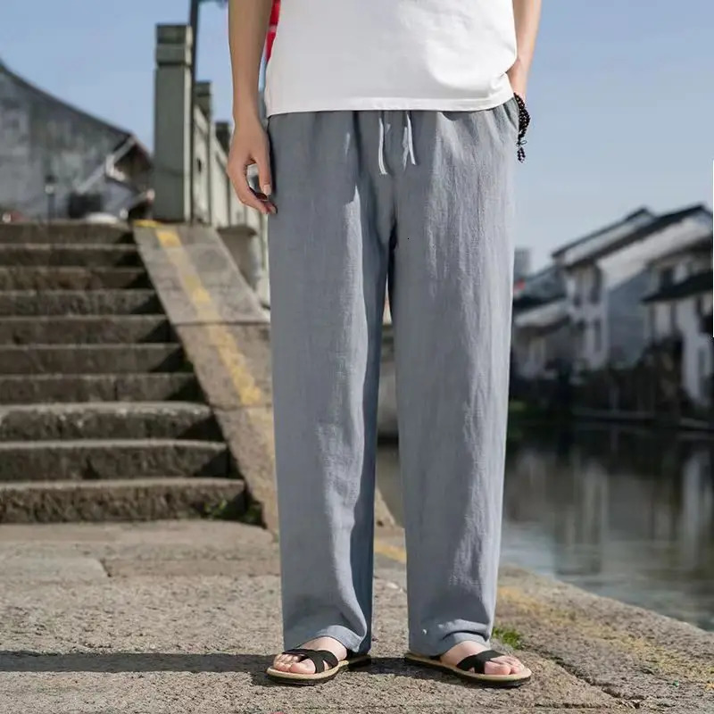 2025 Summer Casual Linen Pants For Men Loose-fit Straight-leg Cropped Pants Chinese Style Summer Thin Cotton Linen Trousers 250227
