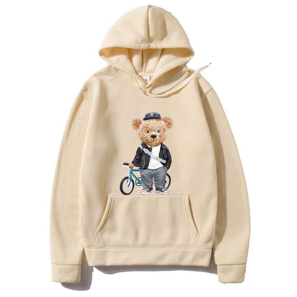 Wine Red Bear Print Hoodie Loose Fit Casual Sweatshirt Top Fashionable Long Slve Pullover for Mens Outdoor Sportswear L251018WSQL