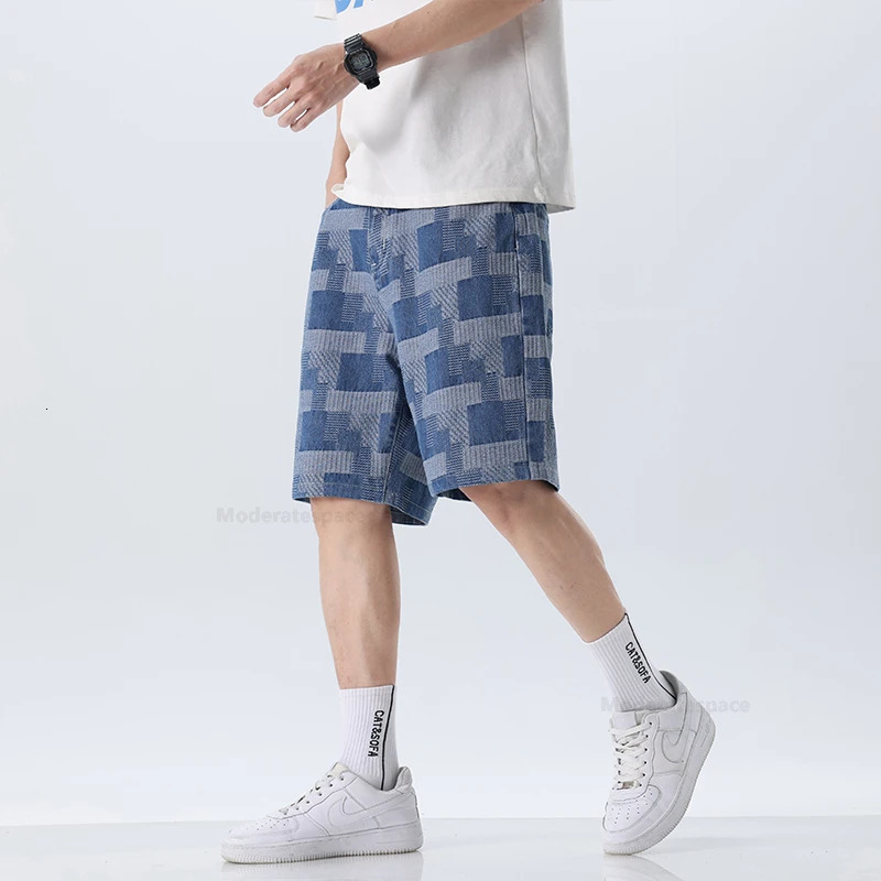 Fashion plaid mens denim shorts summer straight casual patchwork jeans street loose 250226