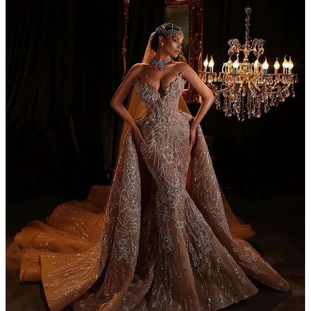 Mermaid Sexy Sweetheart Appliques Lace Pearls Wedding Dress Train Detachable Custom Bridal Dresses
