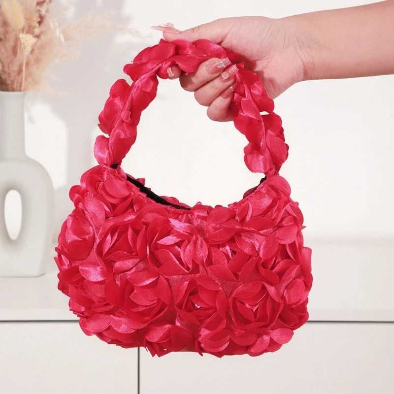 New Arrival Trendy 3D Rose Flower Sequined Satin Handbag Women Elegant Wedding Banquet Prom Party Clutch Purse Lightweight Small Evening Bag T250227