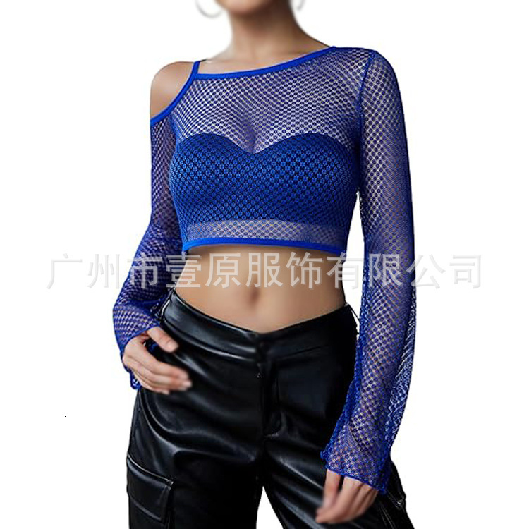 2025 summer new fishing net off shoulder long sleeved T-shirt with exposed navel sexy short top for women