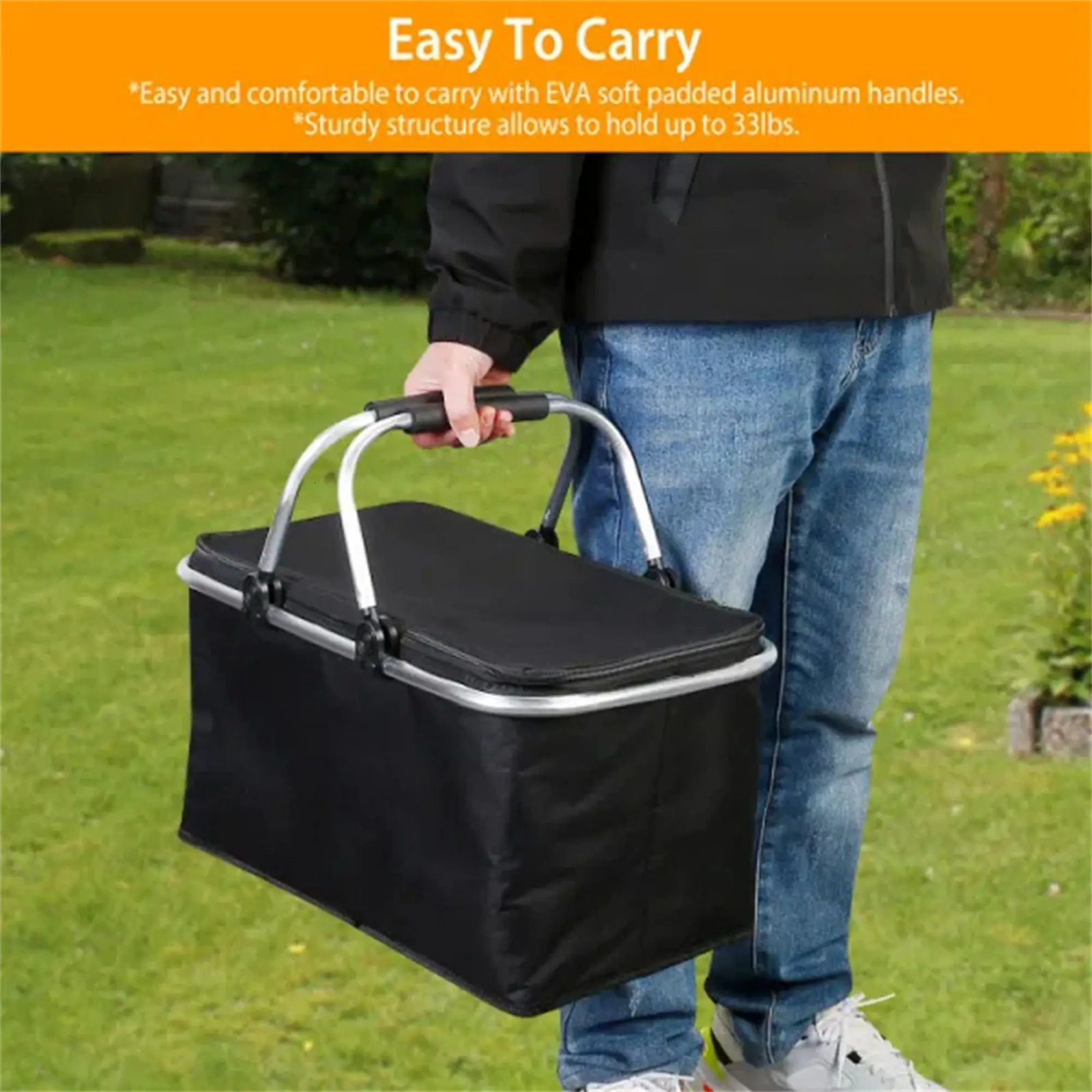Ship from US Large capacity insulated basket picnic bag foldable shopping preservation lunch Black 250227FBB