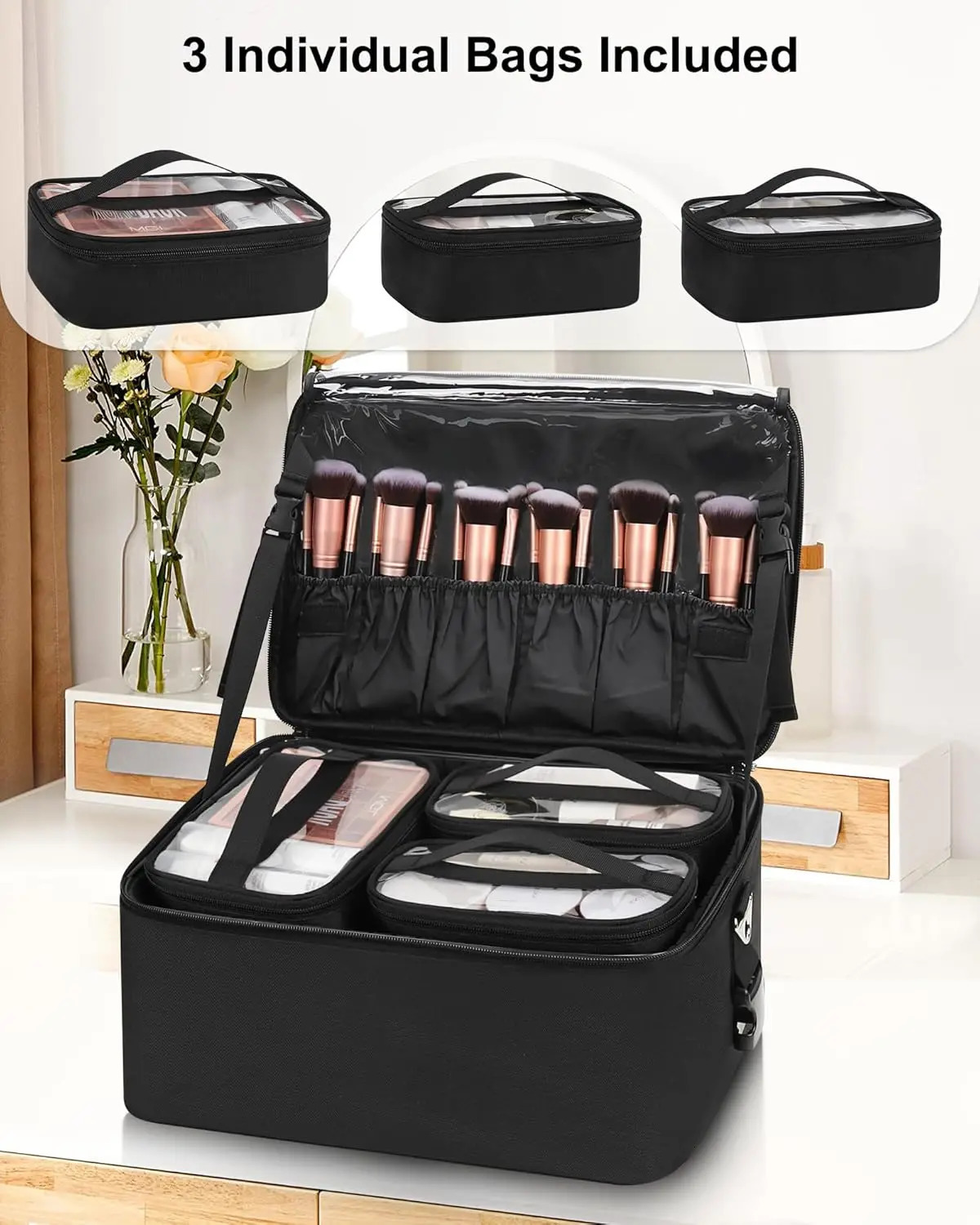 Ship from US Makeup bag large makeup box professional storage organizer brush holder with 3 sets of transparent bags and lipstick plate 250227FBB