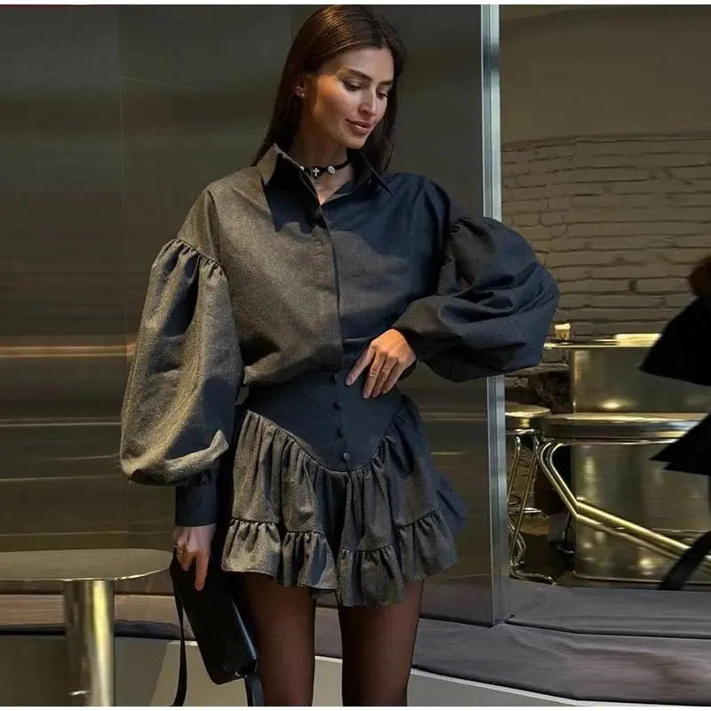 Spring Solid Shirt Ruffle Short Skirt Sets Women Elegant Lapel Puff Sleeve Tops Suit With Mini Skirts Female Skirt Suit Outfits 250226