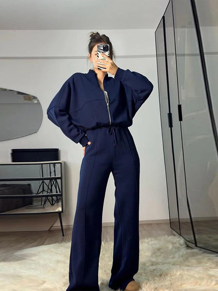 Women Sweatsuit Set Vintage Oneck Zipper Bomber Jackets High Waist Loose Pants Suit Female Spring Fashion Lady Sportswear 250226