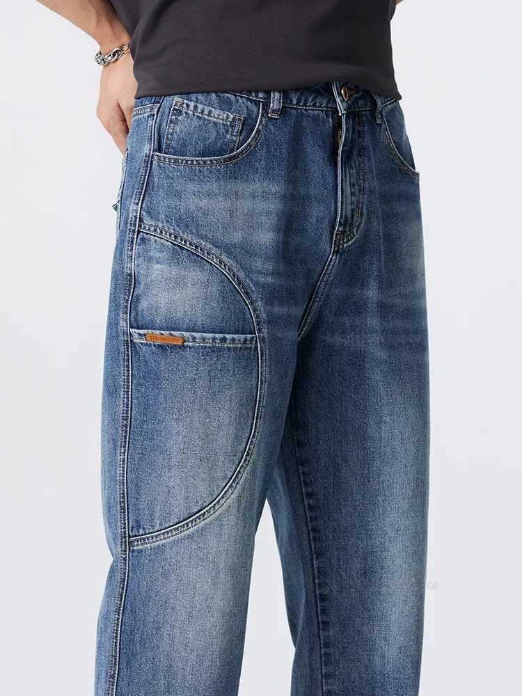 Retro patchwork jeans Korean mens clothing stretchy straight legs casual denim loose and fashionable pants mens X250227