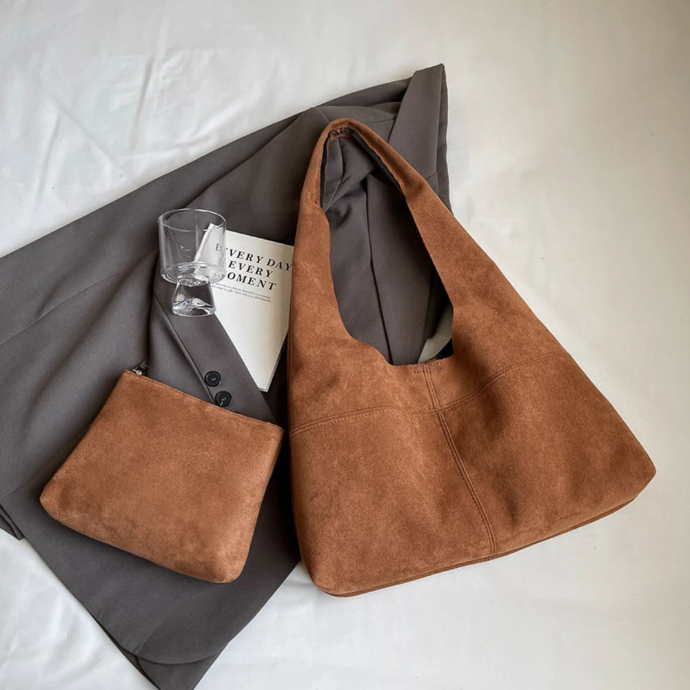 Ship from US Women Suede Shoulder Bag with Inner Pocket Underarm Vintage Hobo Slouchy for Work Travel 250227FBB
