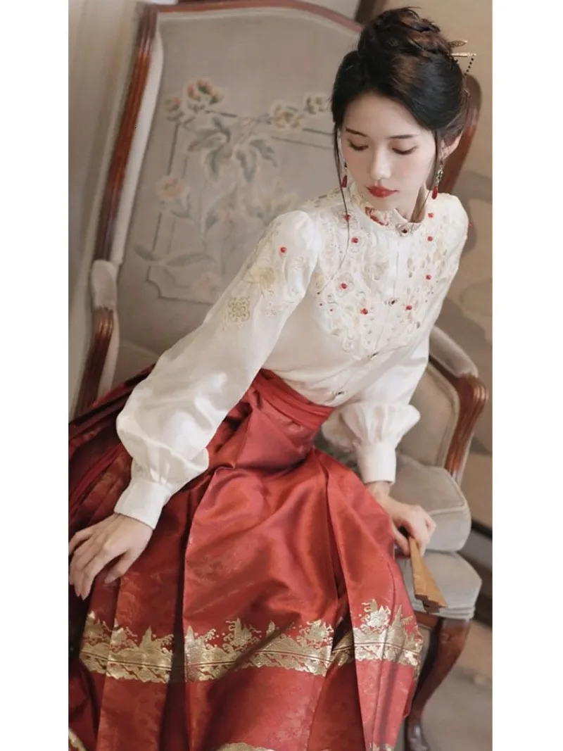 Chinese Style Modified Hanfu Exquisite Embroidery Beading Wedding Party Shirt Women Retro Stand-up Collar Double-breasted Top 250226