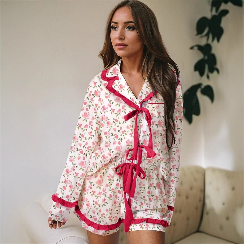Women Tracksuits Two Pieces Set 2025 New Pleated Long Sleeved Thin Printed Valentines Day Pajamas Casual Set 5 Colors