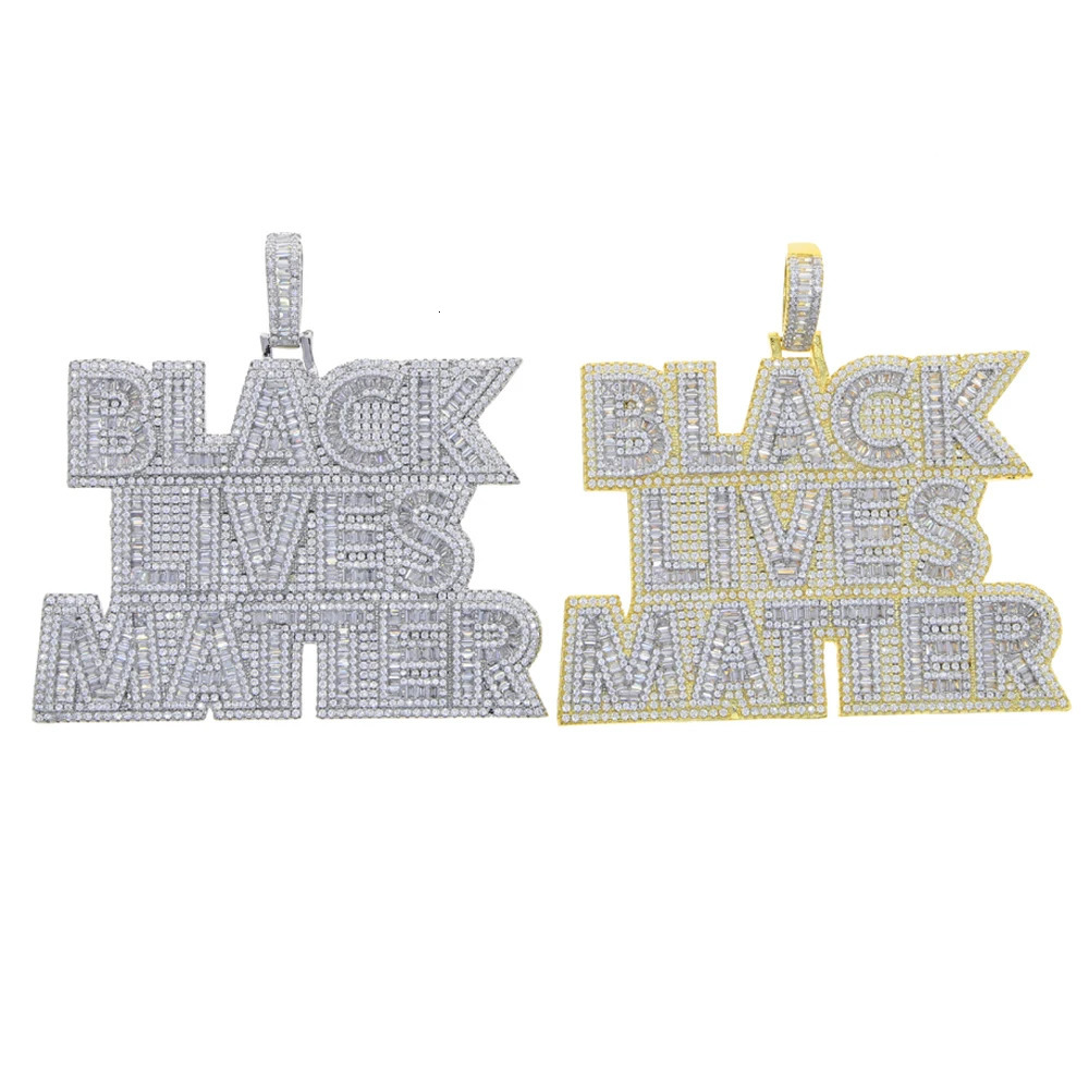 Iced Out Bling CZ Letter Black Lives Matter Pendant Necklace Two Tone Collor Cubic Zirconia Letters Charm Men Hip Hop Jewelry 250227