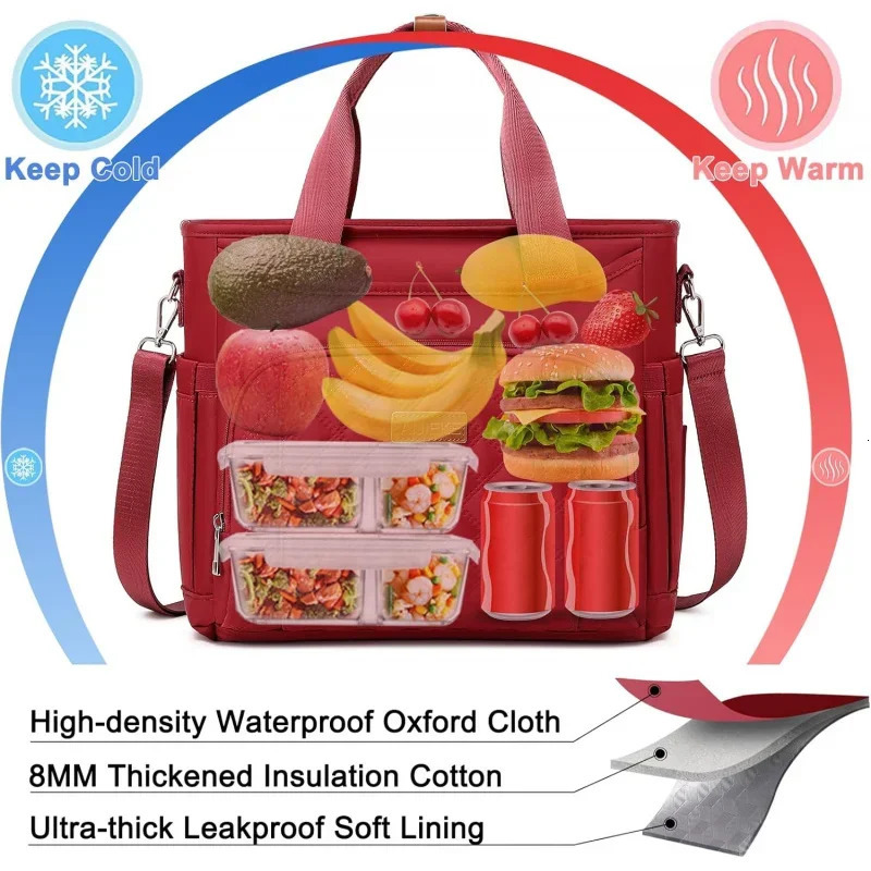 Ship from US Insulated lunch bag for women box type handbag work large leak proof cooler with detachable strap reusable adults 250227FBB