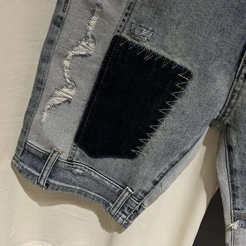 New Style Clothes Korean Clothing Men's Knee-Length Spliced Cowboy Denim Shorts Stretch Casual Short Jeans Man