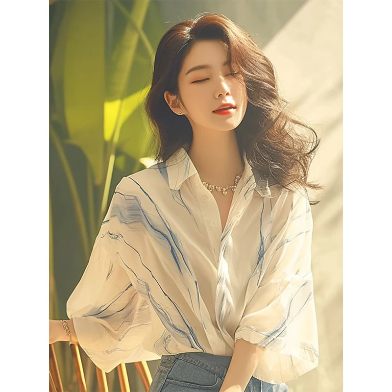 Simplicity Office Lady 3/4 sleeve Solid Color Printing Polo Collar Shirts Women Spring Summer Fashion All-match Striped Tops 250226