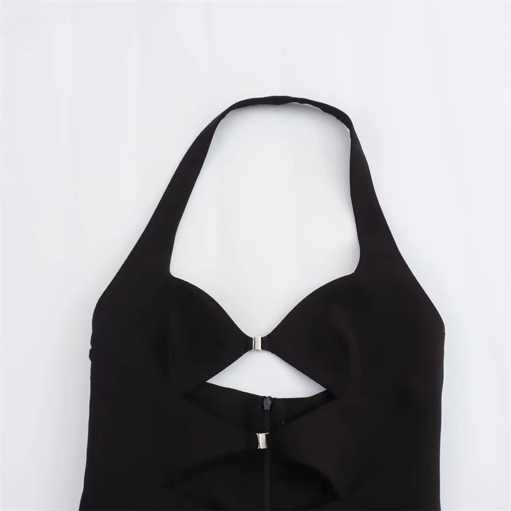 ZAR4 summer European and American style buckle decoration open hanging collar dress 250226