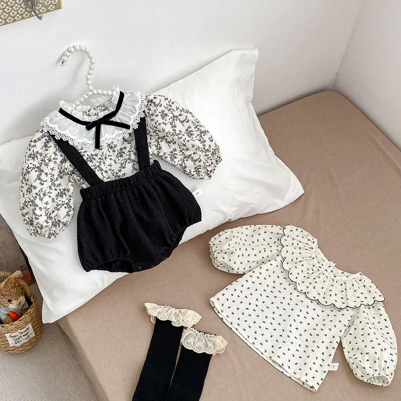 Spring born Baby Girl Clothes Suit Long Sleeved Cotton Printed ShirtSleeveless Jumpsuit Infant Baby Clothing Set 250227