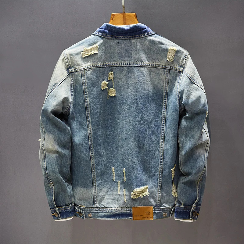 Mens Classic Retro Washed Distressed Hole Ripped Denim Jacket Mens Casual Slim Long Sleeve motorcycle jeans Jacket 5XL 250225