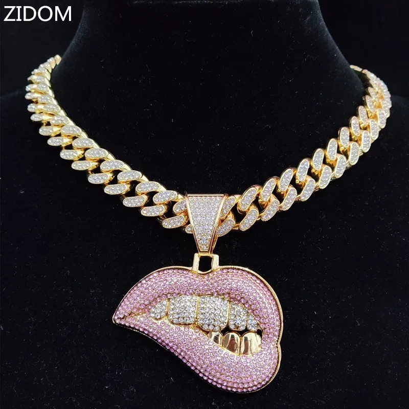 Men Women Hip Hop Bite Lip Shape Pendant Necklace with 13mm Crystal Cuban Chain Iced Out Bling HipHop Necklaces Fashion Jewelry 250227