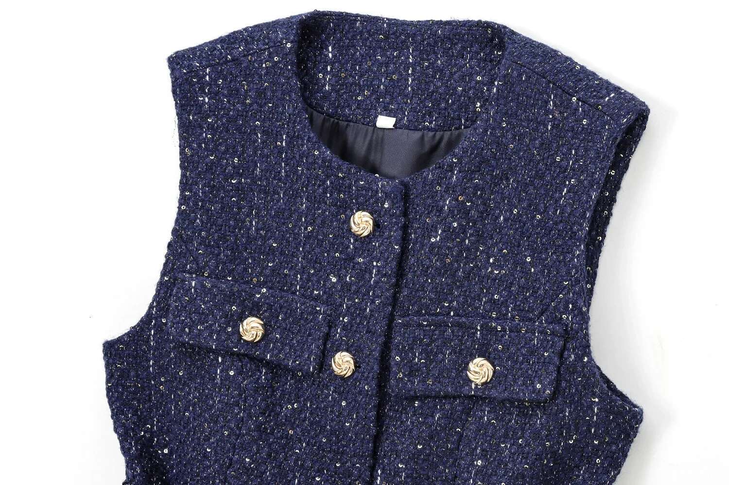 Tangada Women 2024 Blue Tweed Waistcoat With Belt Sleeveless Female Outerwear Ps0138