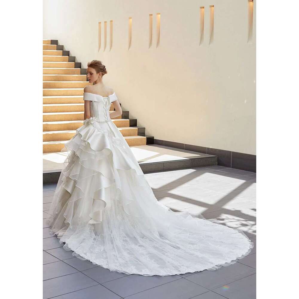 Custom Satin Ball Gown for Bridal, Dear Applique, Pleated Side, Tulle, Sweep Train, Backless Zipper, Wedding Dresses