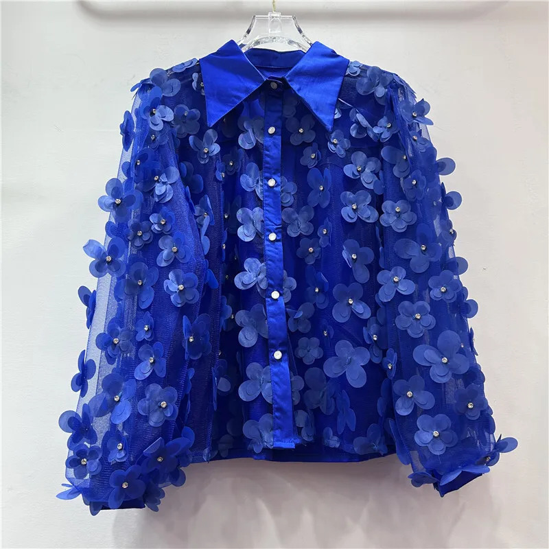 DEAT Women Shirt Loose Patchwork 3D Flowers Double Layer Perspective Mesh Single Breasted Blouse Spring 2025 Fashion 29L9414 250226