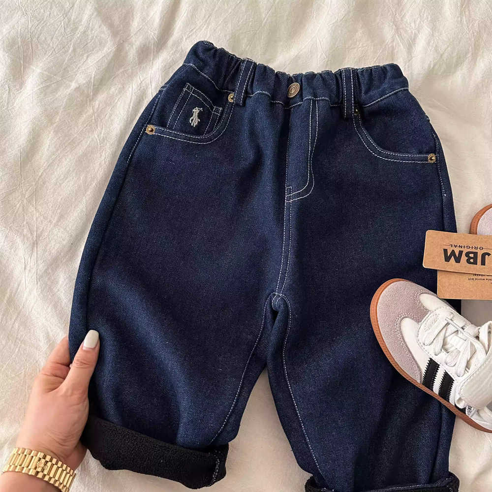 Jeans Childrens Velvet Jeans 2025 Winter Korean Edition New Product Mens and Womens Cartoon Bear Casual Pants Baby Straight Leg PantsY25022782GF