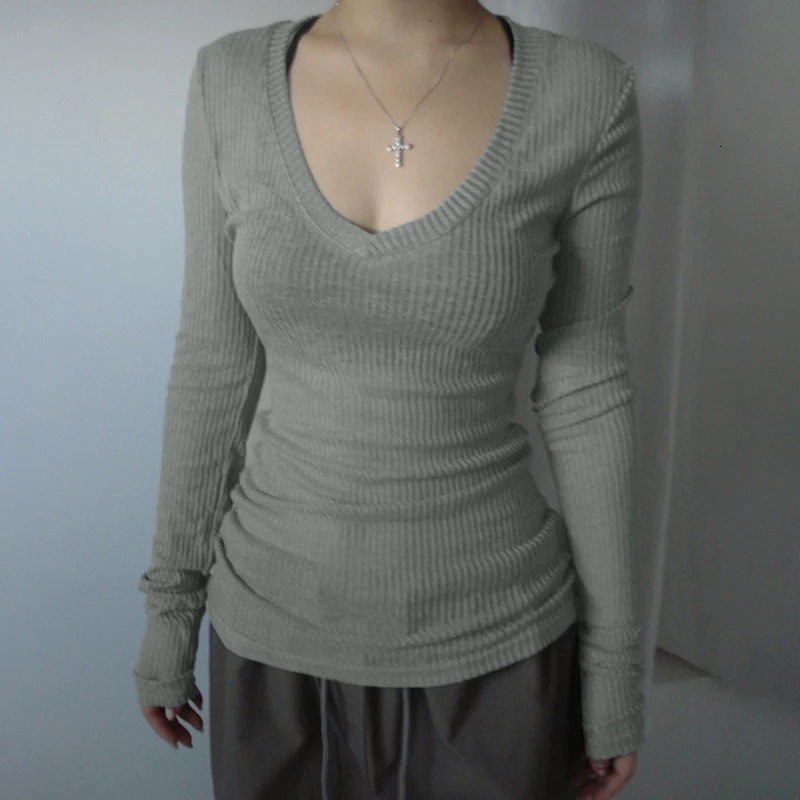 CIBBAR Slim-fitting Knitted Crop Top Solid Micro-transparent T-shirt Smock Women Sexy Full Sleeve V-neck Tees Shirts Y2k Vintage 250227