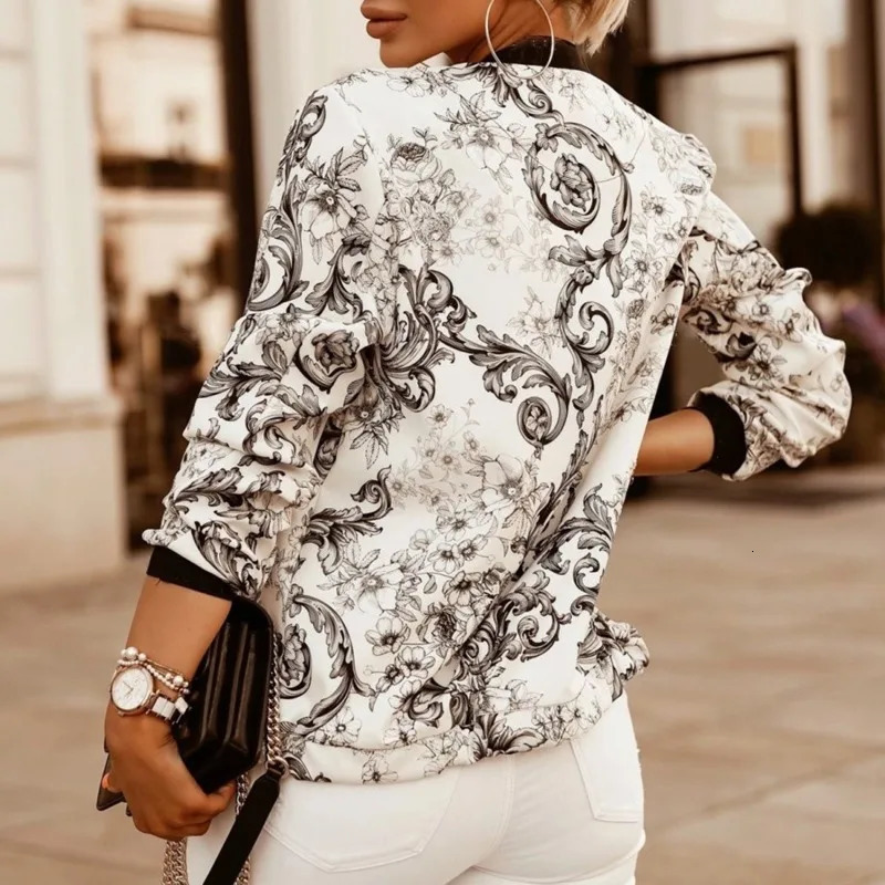 Flower Print Long Sleeve Womens Jacket Fashion Zipper Up Vintage Coat Tops Elegant Slim Basic Ladies Jackets 250227